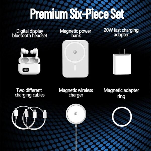 6-in-1 Charging Kit: Fast Charge, Magnetic Power Bank, Wireless Charger, Type-C to Fast Charging Cable, Adapter & Audio Support